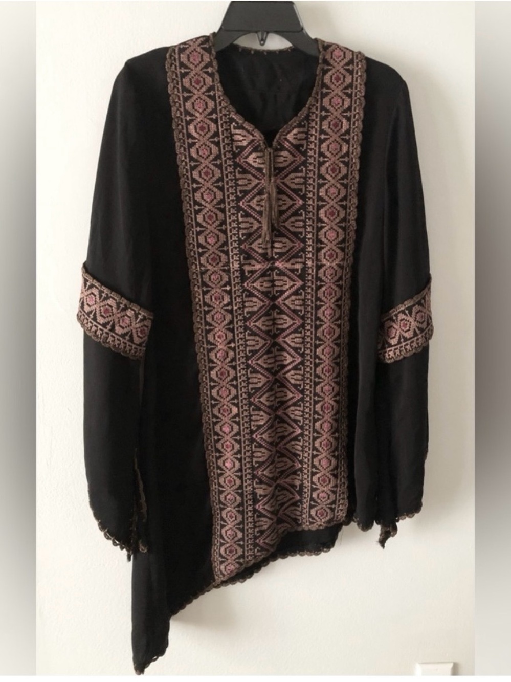 Asymmetrical black bohemian tunic geometric tapestry Embroidered Boho Tunic